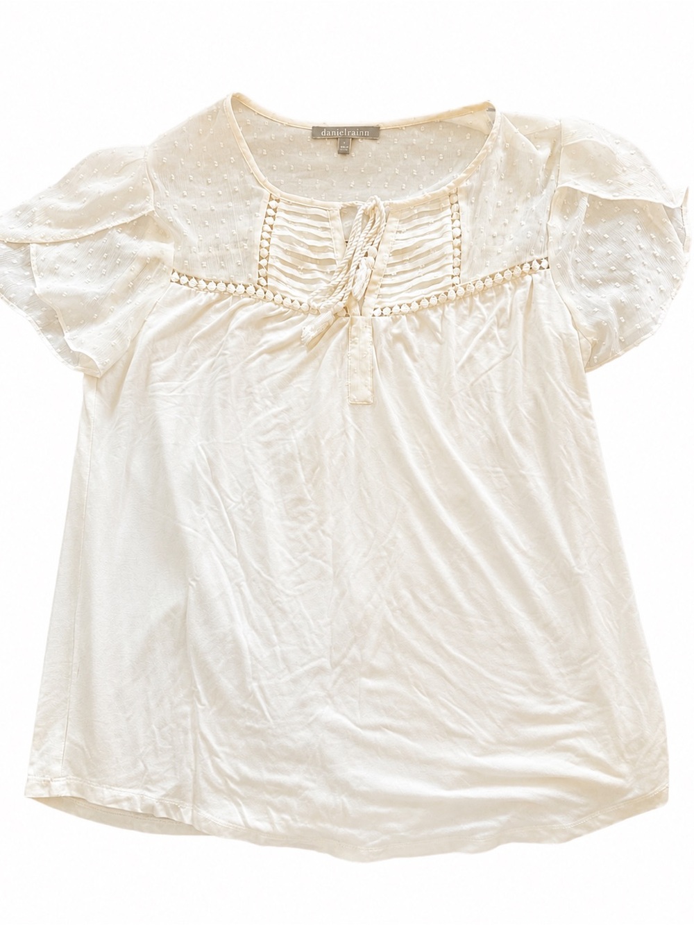 Daniel Rainn Cream Swiss-Dot Pintuck Tie Blouse